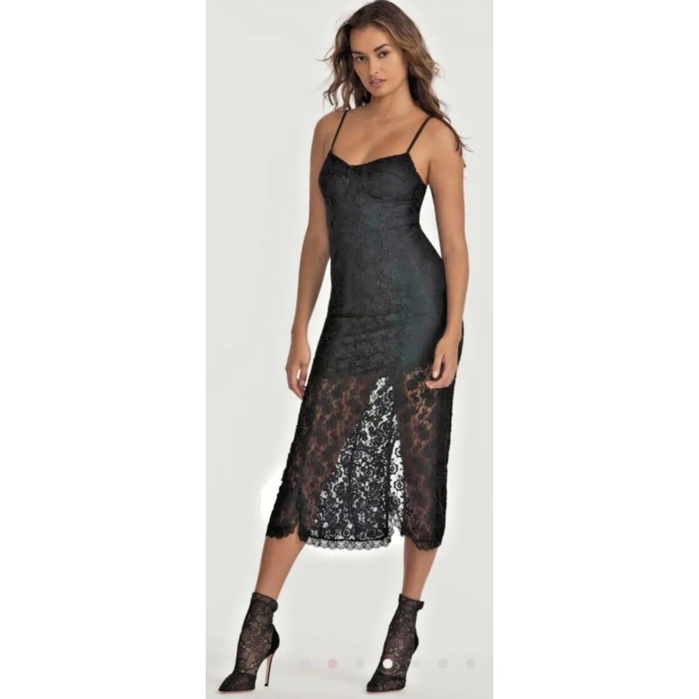 Love Shack Fancy Women Size Large Sima Black Lace Midi Slip Dress Whimsigoth‎